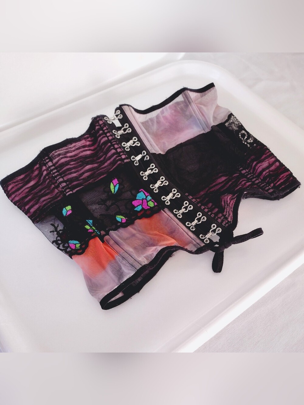 Vintage Sheer Black and Purple Lace Corset Bustier with Floral Detail